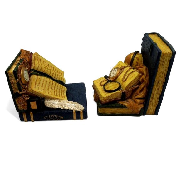 BOOKEND SET Artisan Flair Green and Cream Books Timepieces Design - Picture 5 of 10